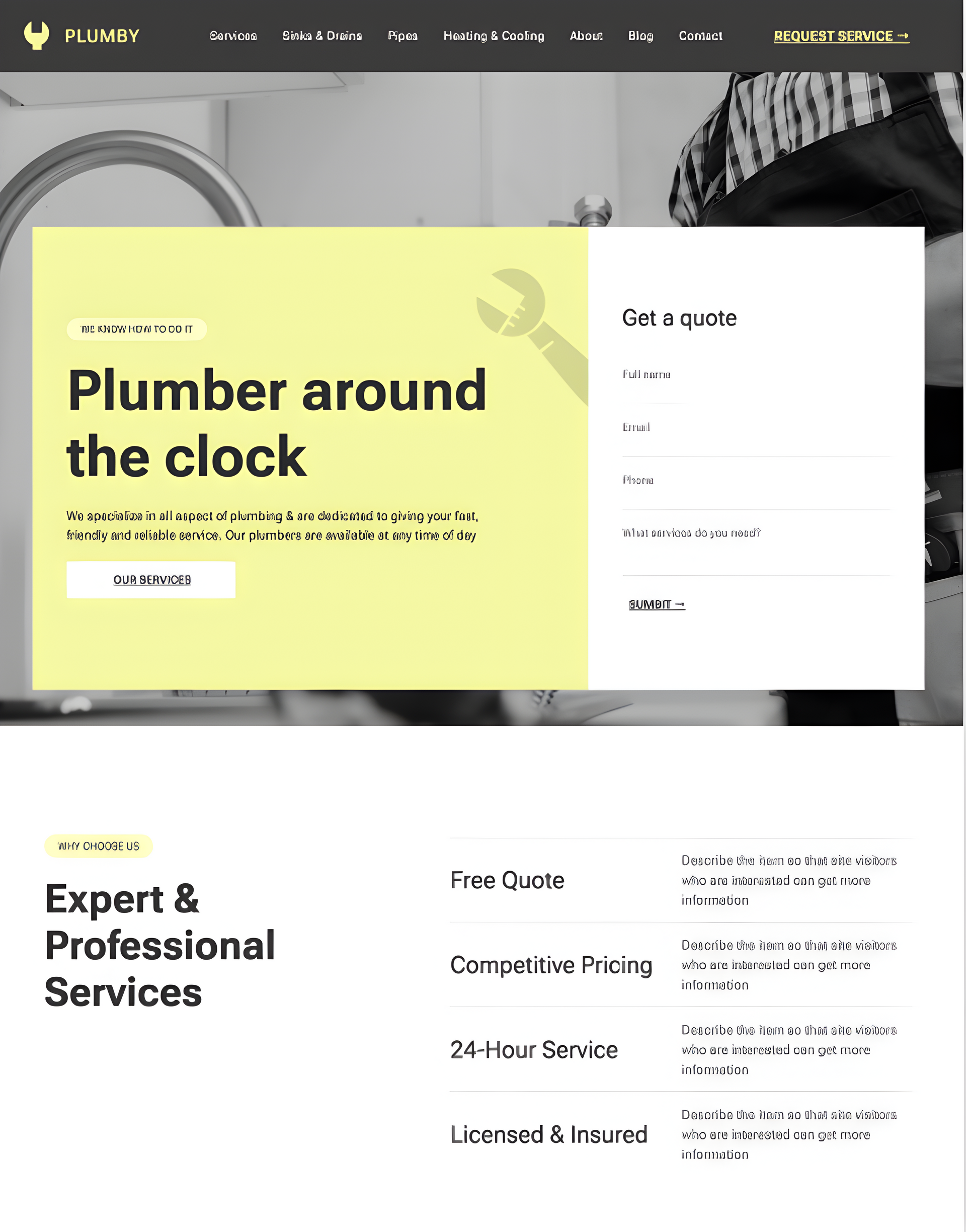 Plumber website landing page with a contact form, and services listed below.