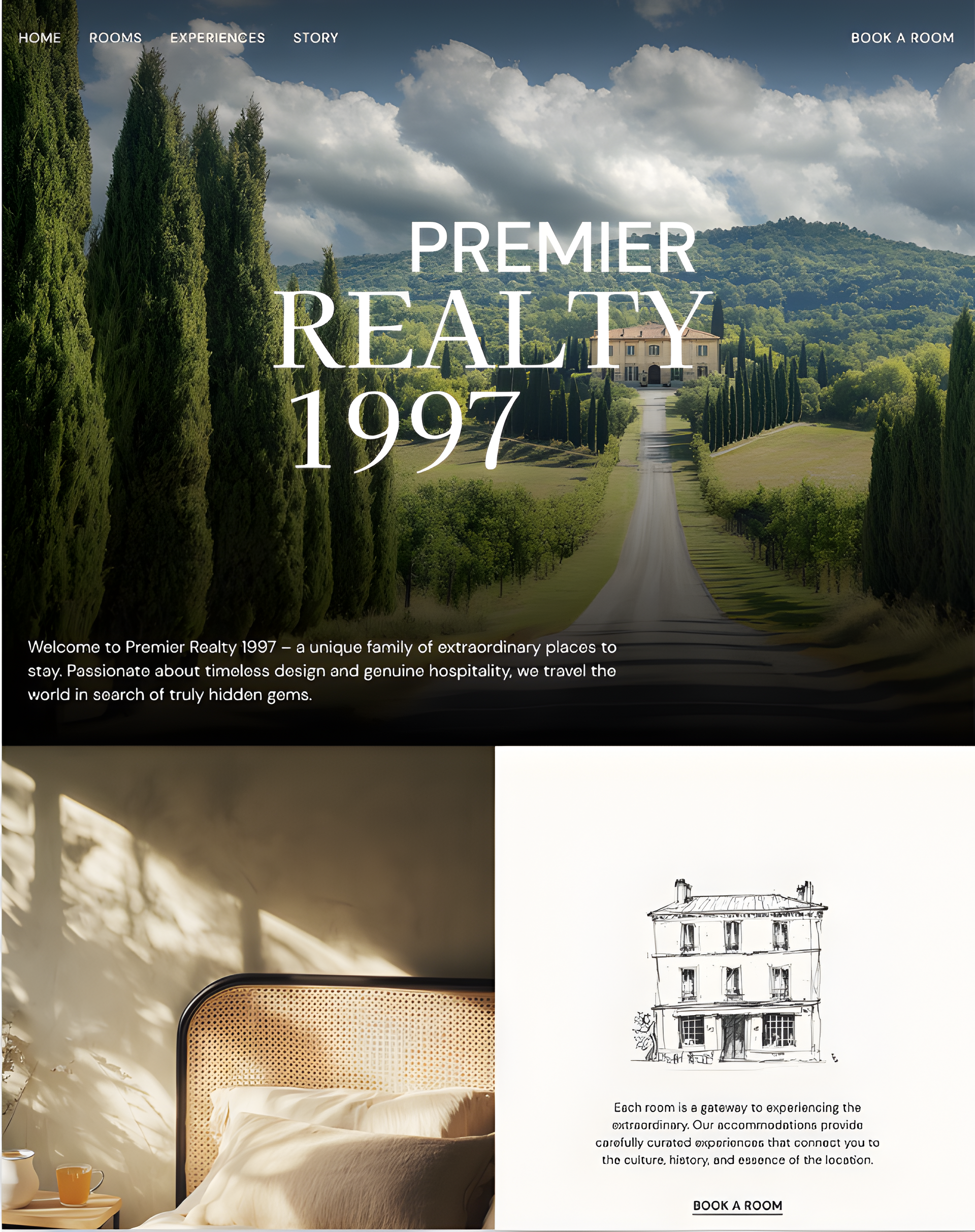 Premier Realty 1997 homepage: road leading to a Tuscan villa, bed with rattan headboard, house sketch.