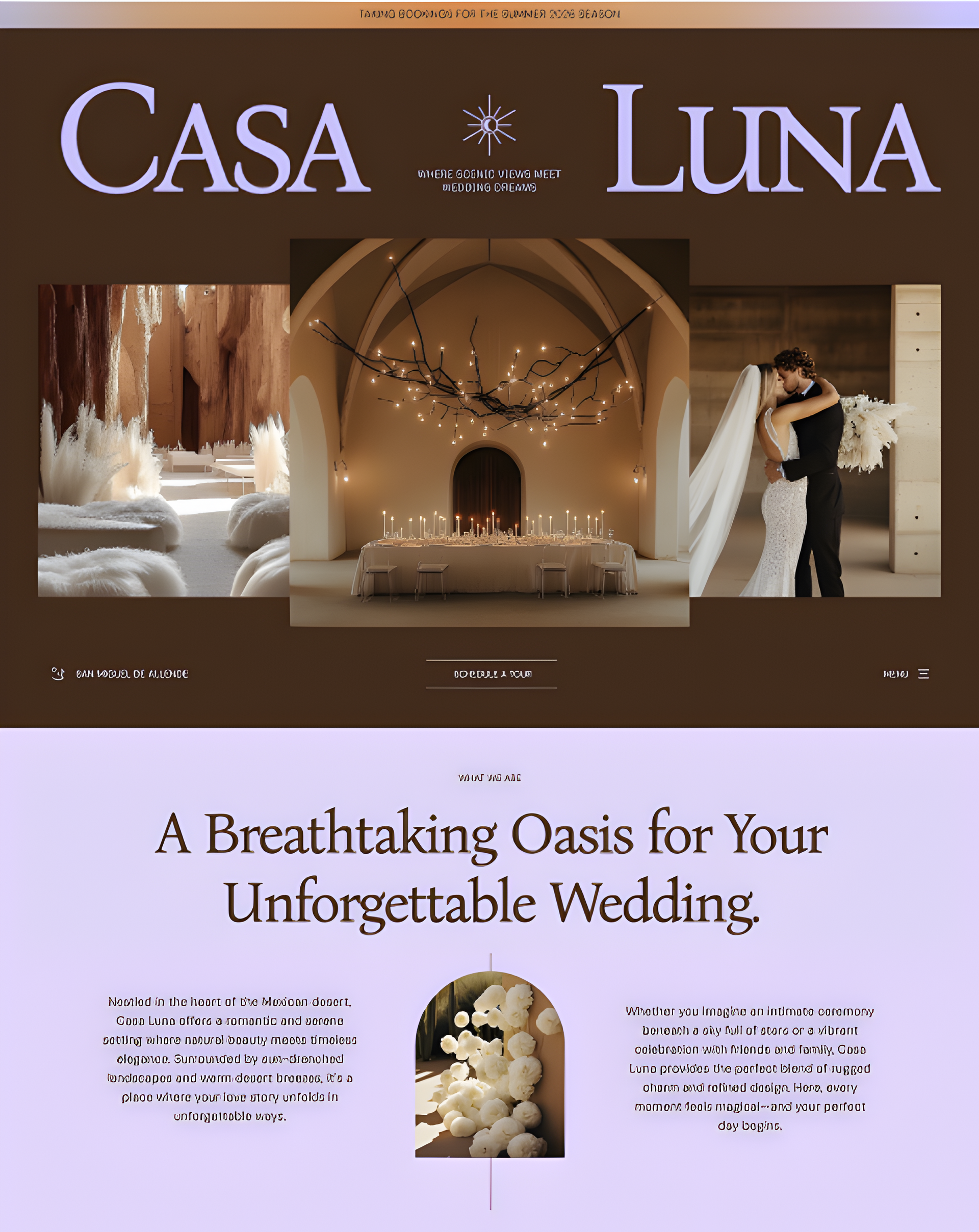 Casa Luna wedding venue: Interior shots, couple embracing, elegant decor, cream and brown color palette.