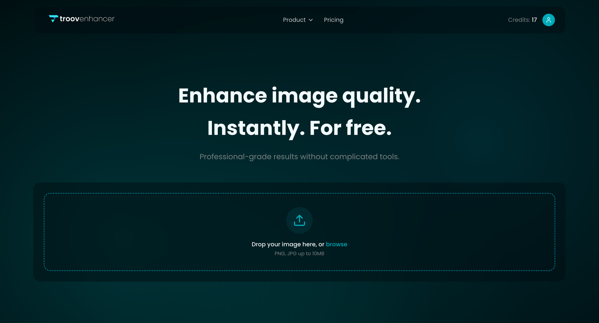 Website homepage with teal background. Headline: Enhance image quality. For free. A file upload area is in focus.