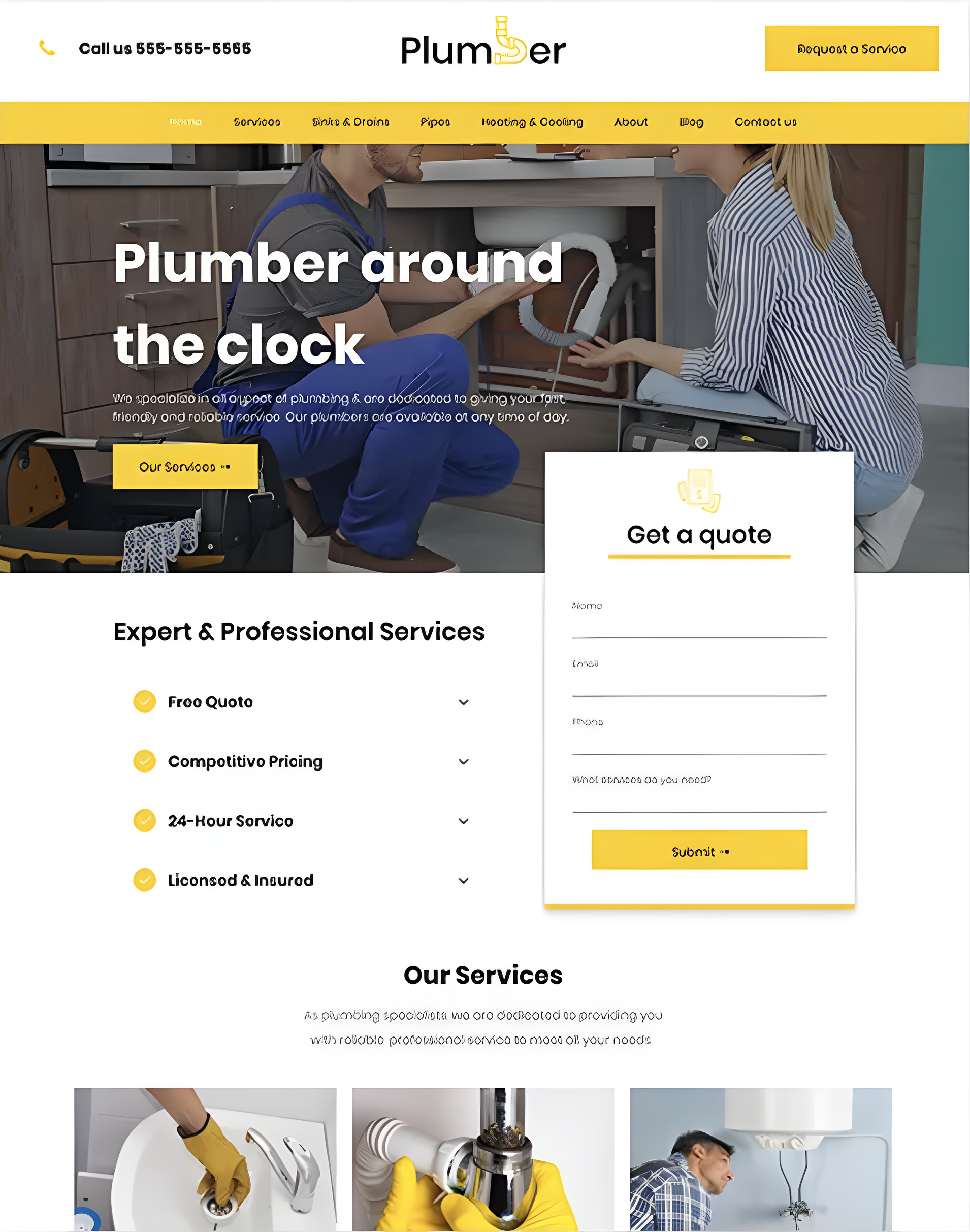 Plumber website: plumber working under a sink, form for a quote, and service examples.