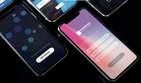 Mobile phones with app login screen, dark backgrounds and gradient colors.