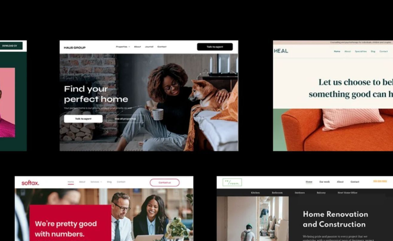 Website design examples featuring people and text on a black background.