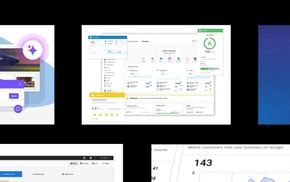 Screenshots of business management dashboard, charts, graphs, and Google visibility insights.