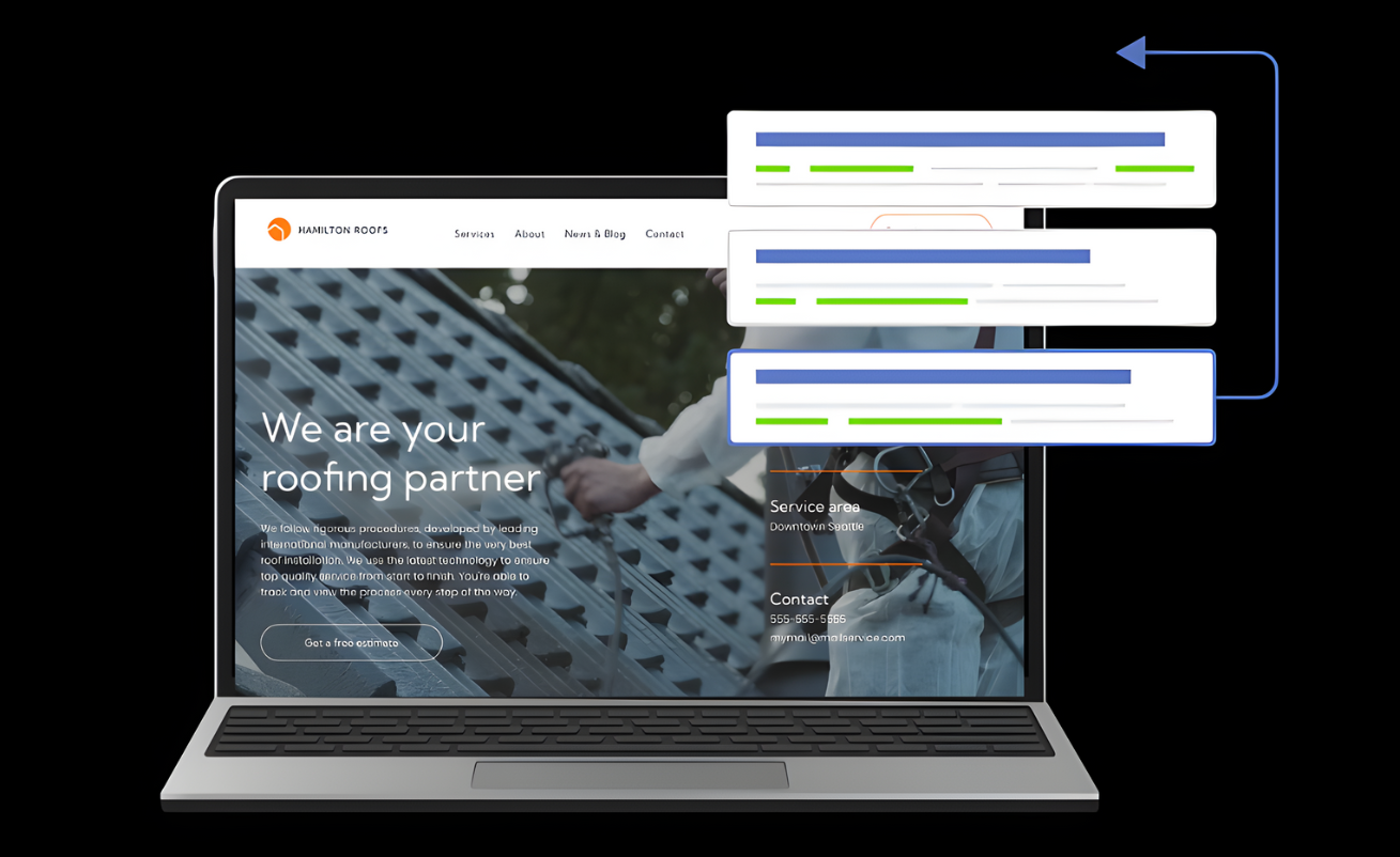 Screenshots of business management dashboard, charts, graphs, and Google visibility insights.