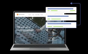 Screenshots of business management dashboard, charts, graphs, and Google visibility insights.