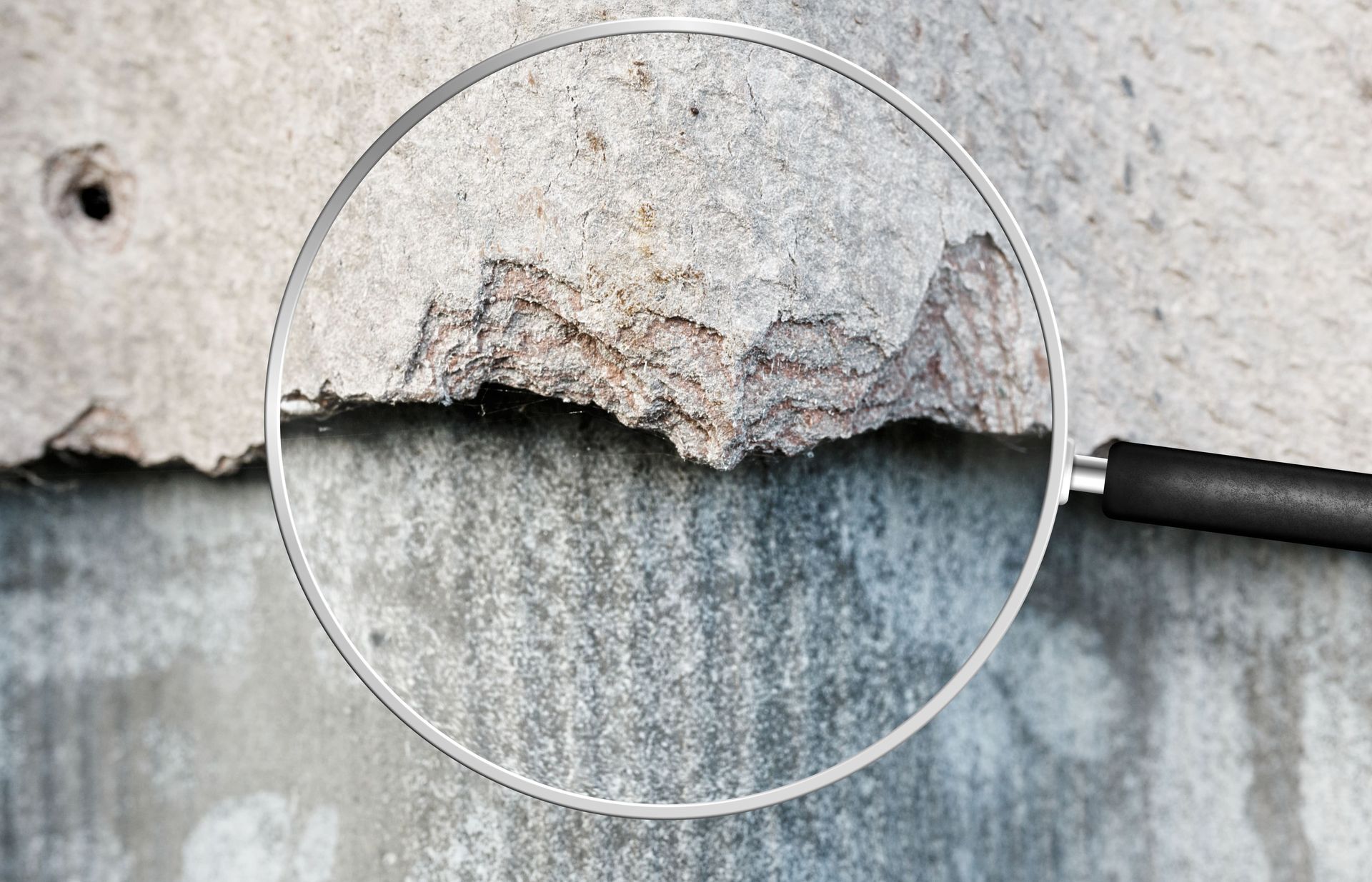 A magnifying glass focusing on a rough, textured patch of gray concrete surface.
