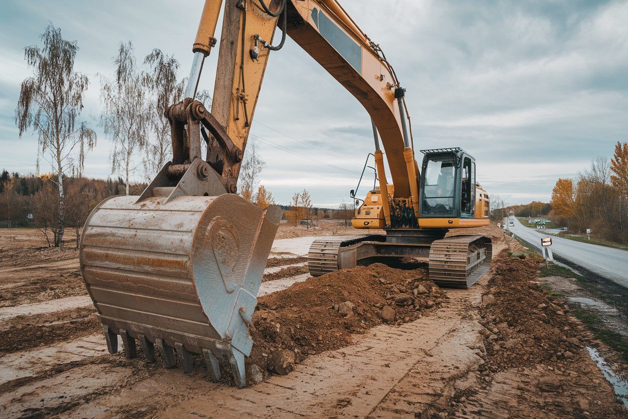 A large excavator is digging a hole in the ground on a construction site.