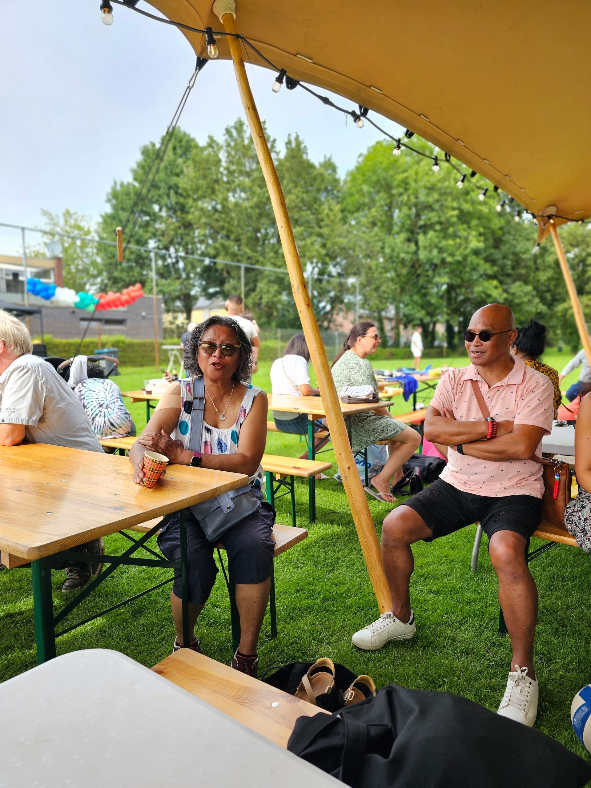 Een groep mensen zit aan tafels in een park.