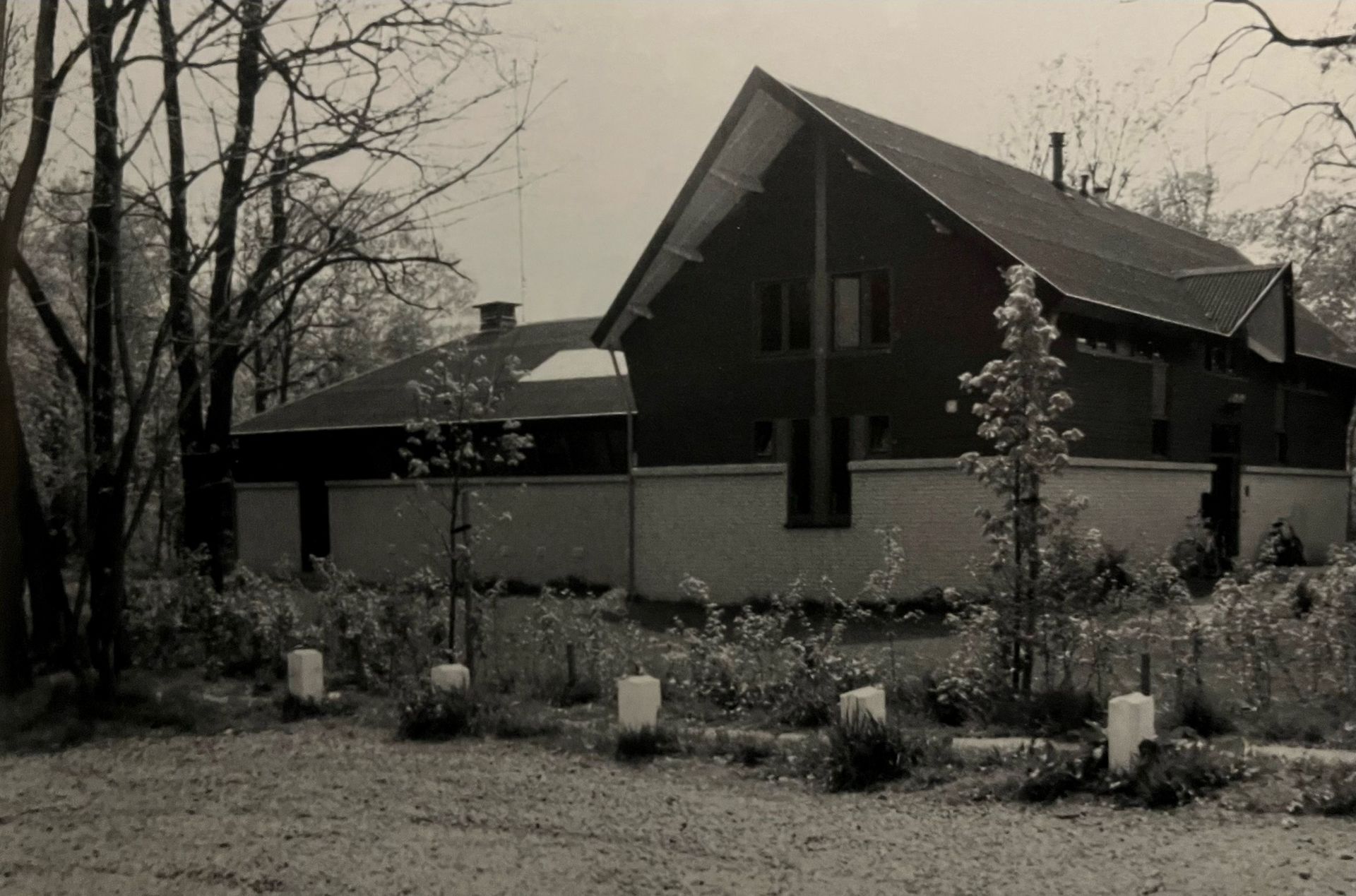 Een zwart-witfoto van een huis omgeven door bomen
