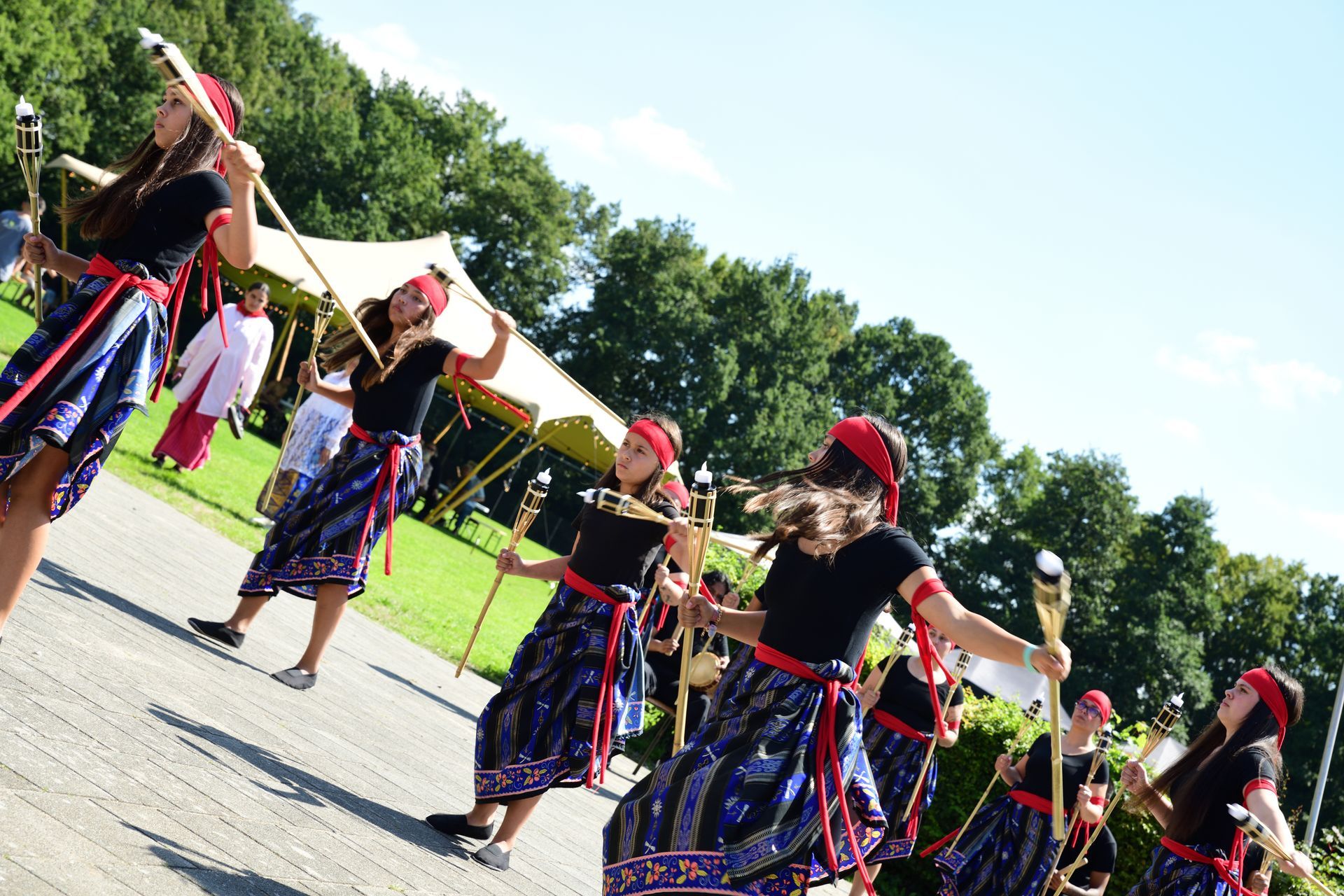 Een groep vrouwen danst in een park.