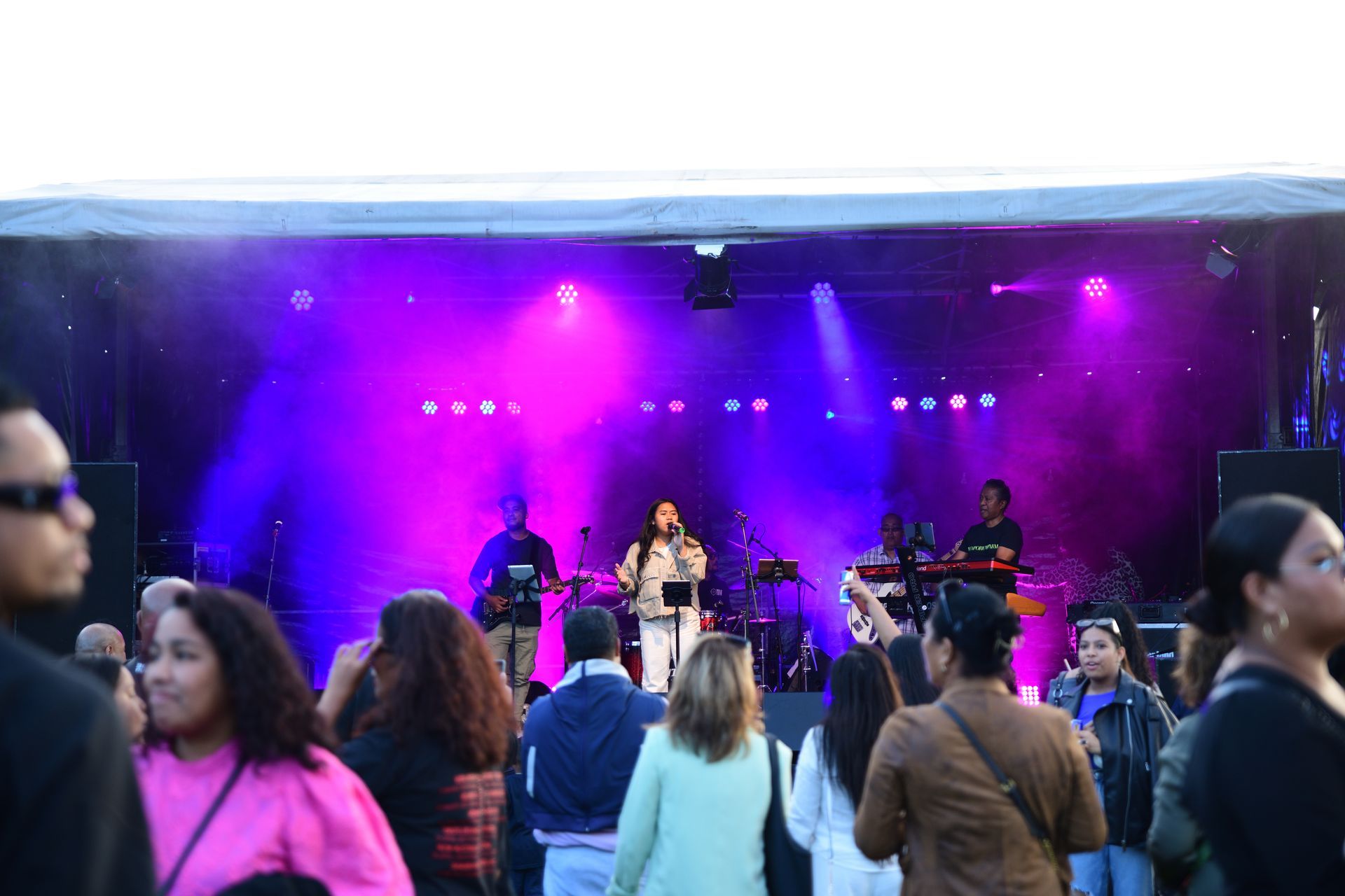 Een groep mensen staat tijdens een concert voor een podium.