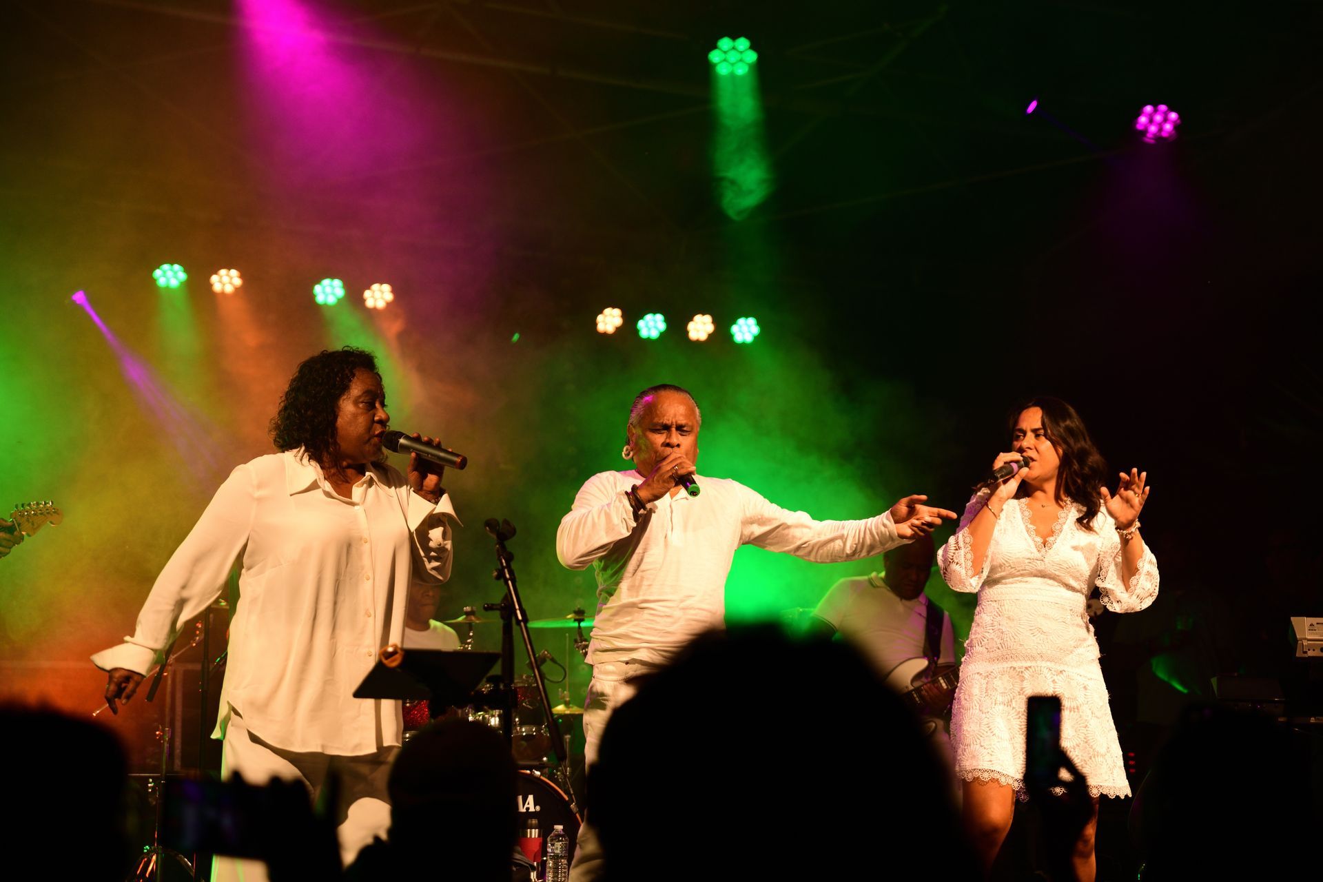 Een groep mensen zingt in microfoons op een podium.