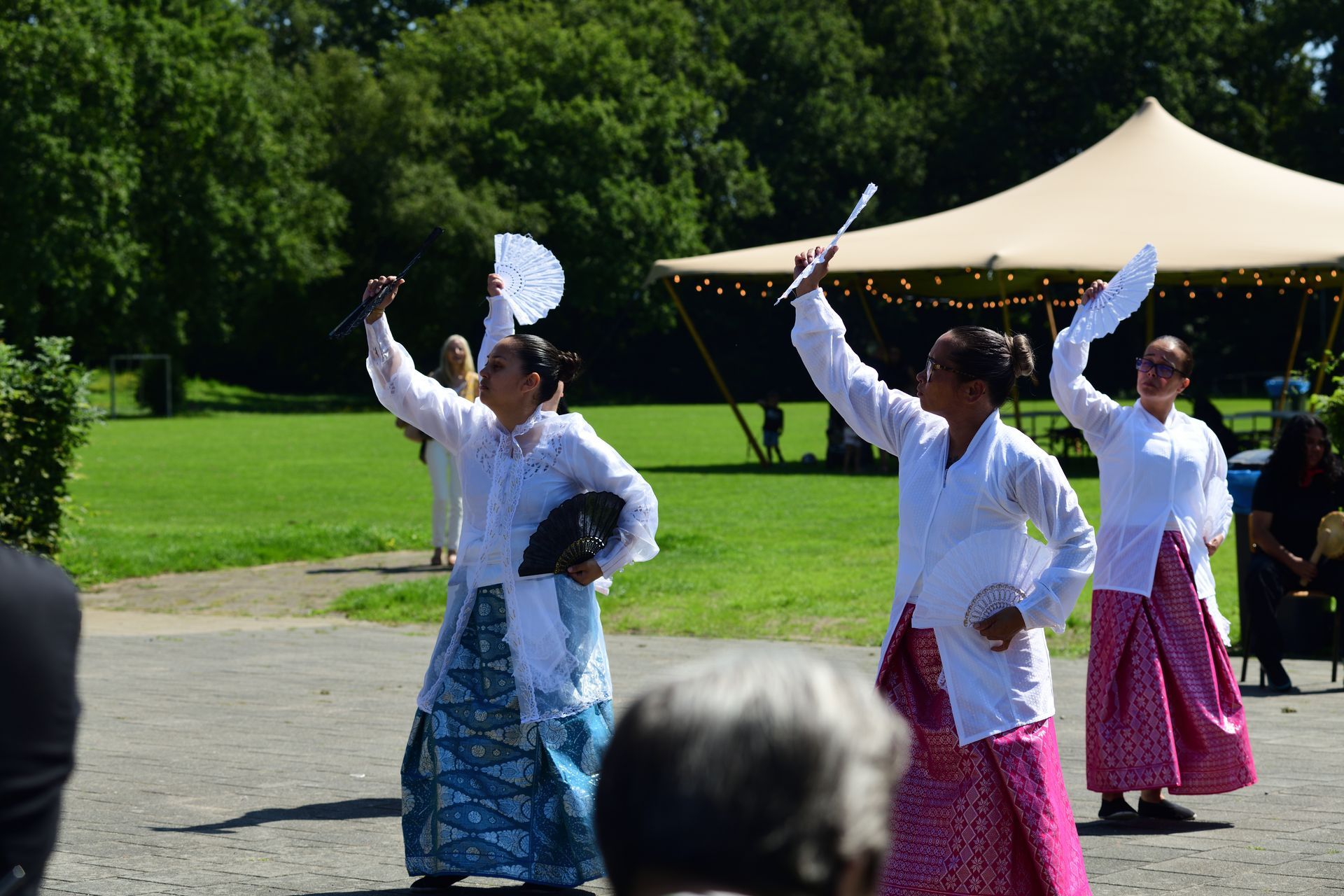 Een groep vrouwen danst voor een tent in een park