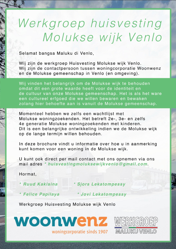 A poster for a company called werkgroep huisvesting molukse wijk venlo.