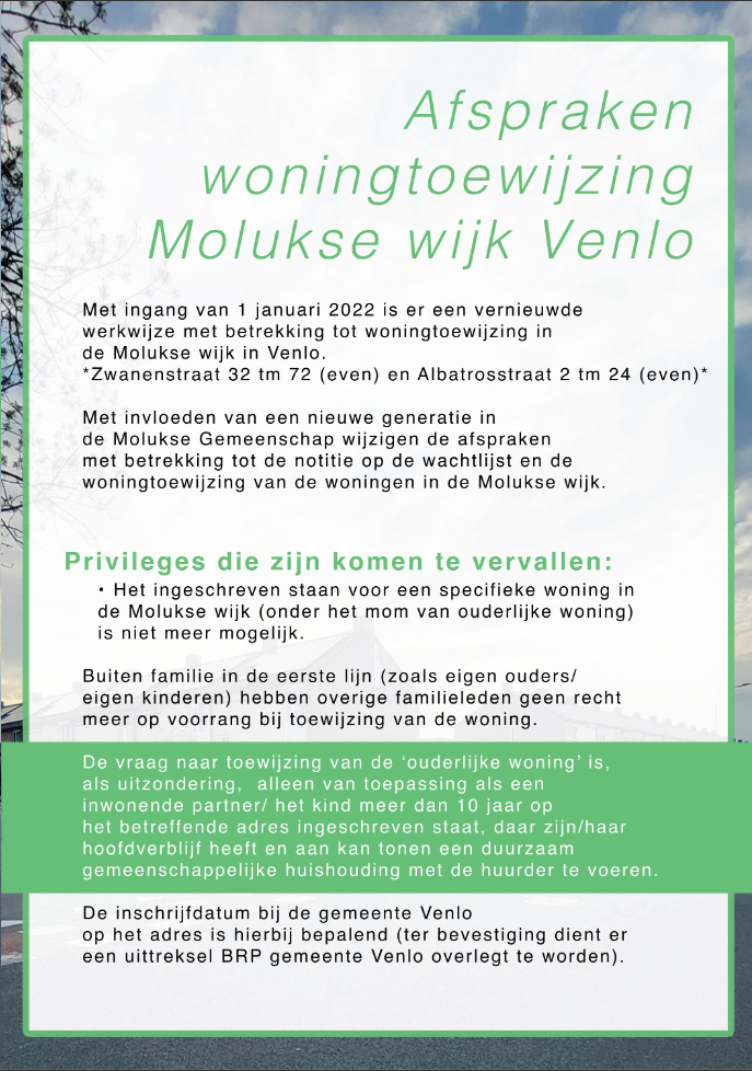 A poster in a foreign language that says ' afspraken woningtoewijzing molukse wijk venlo ' on it.