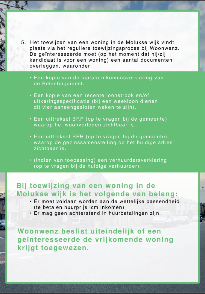 Een groen-witte flyer met een afbeelding van een gebouw erop.