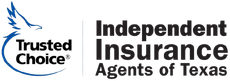 Logo for Trusted Choice, Independent Insurance Agents of Texas. A blue bird graphic is on the left. Text is black on white.