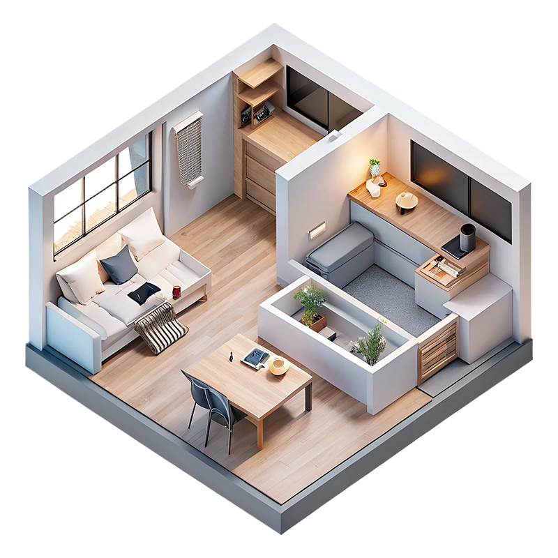 Isometric view of a small apartment: living area with sofa, kitchen, desk, and a bathtub with plants.