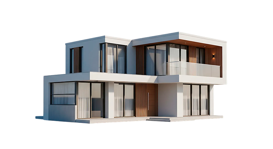 Modern two-story house with glass walls and a balcony, on a white background.