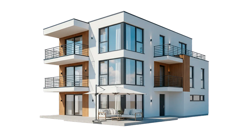 Modern white multi-story building with large windows and balconies.
