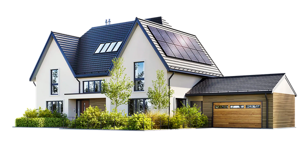 Modern house with solar panels on the roof and a wooden garage. Lush green landscaping in front.
