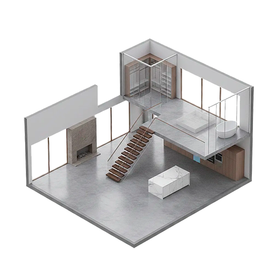 Isometric view of a modern loft apartment with a mezzanine, stairs, and large windows.