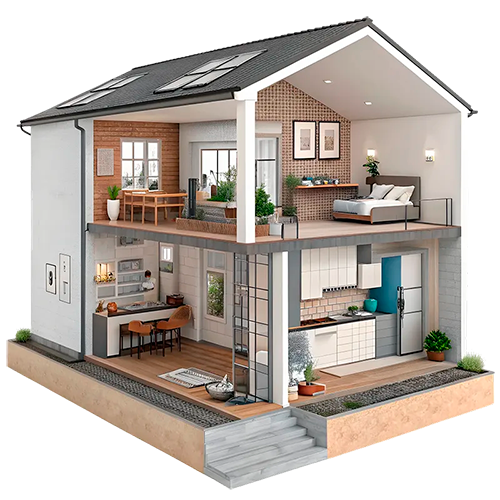 Cutaway view of a modern two-story house, showcasing interior design and furnishings.