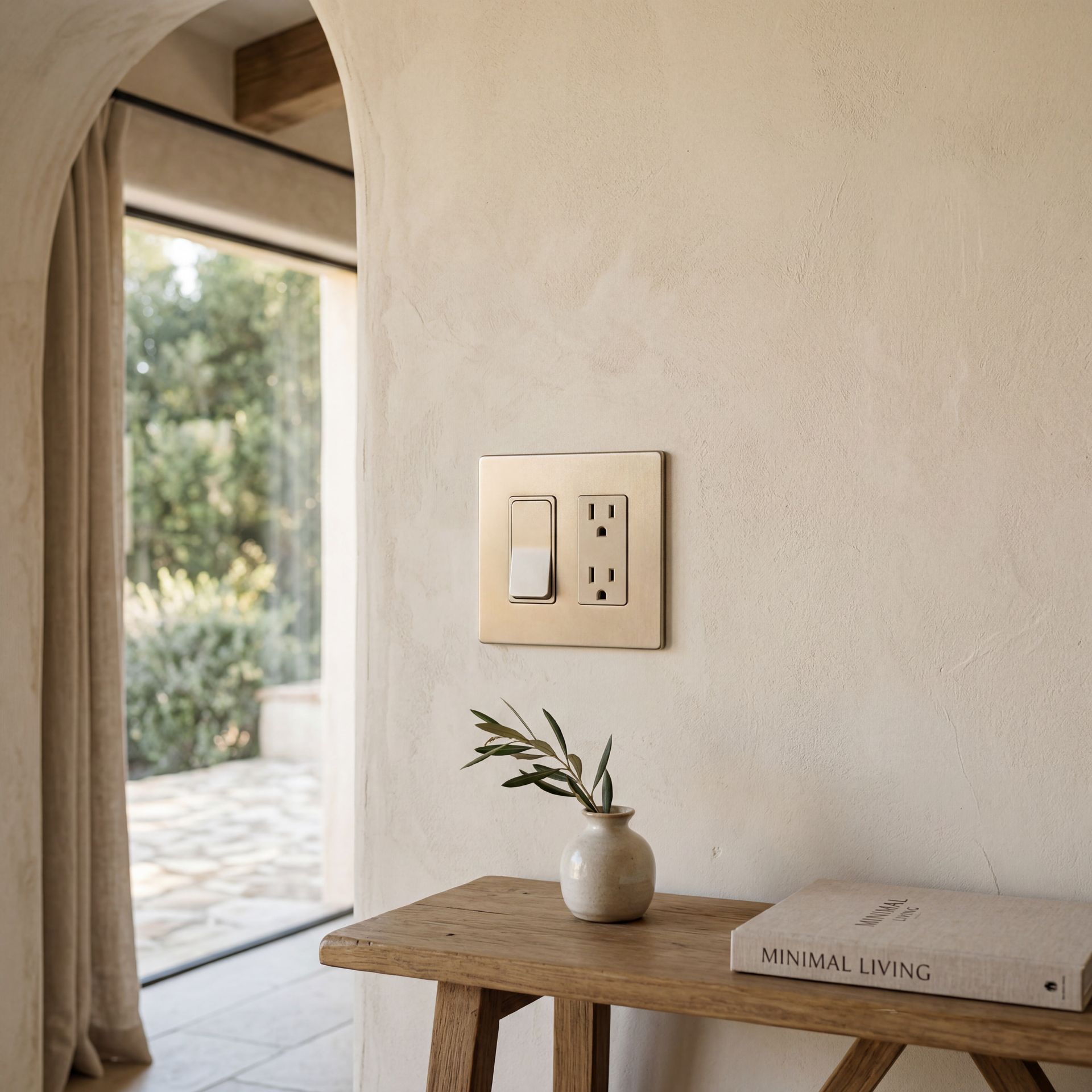 A hand uses a tool to strip a layer of textured beige wallpaper off an interior wall.