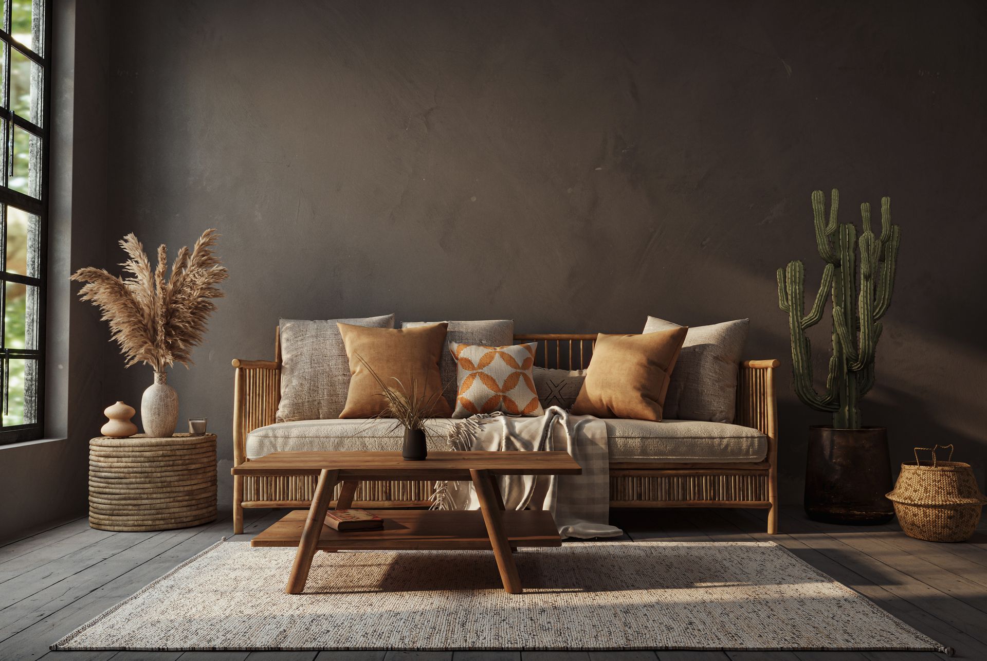 Cozy modern living room with a beige sofa, wooden coffee table, woven decor, and dark walls