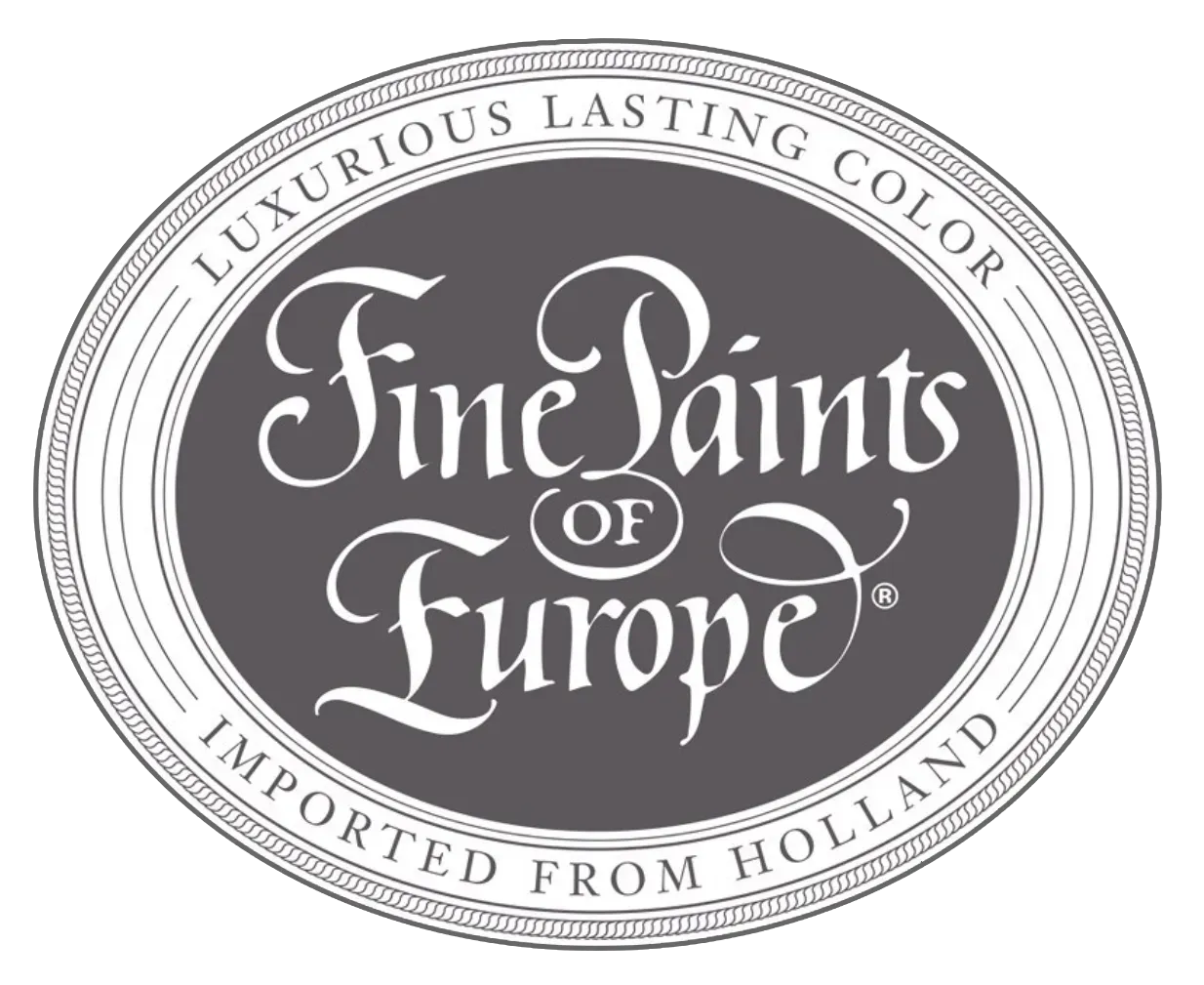 Oval gray-and-white logo reading “Fine Paints of Europe,” with “Luxurious lasting color” and “Imported from Holland.”