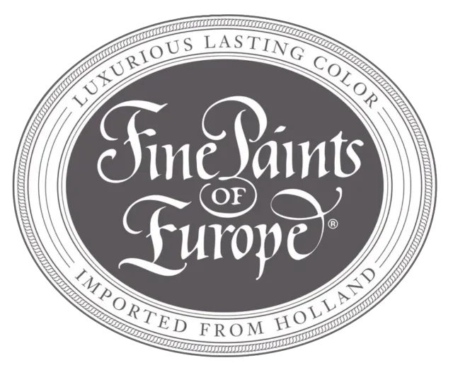 Oval gray-and-white logo reading “Fine Paints of Europe,” with “Luxurious lasting color” and “Imported from Holland.”