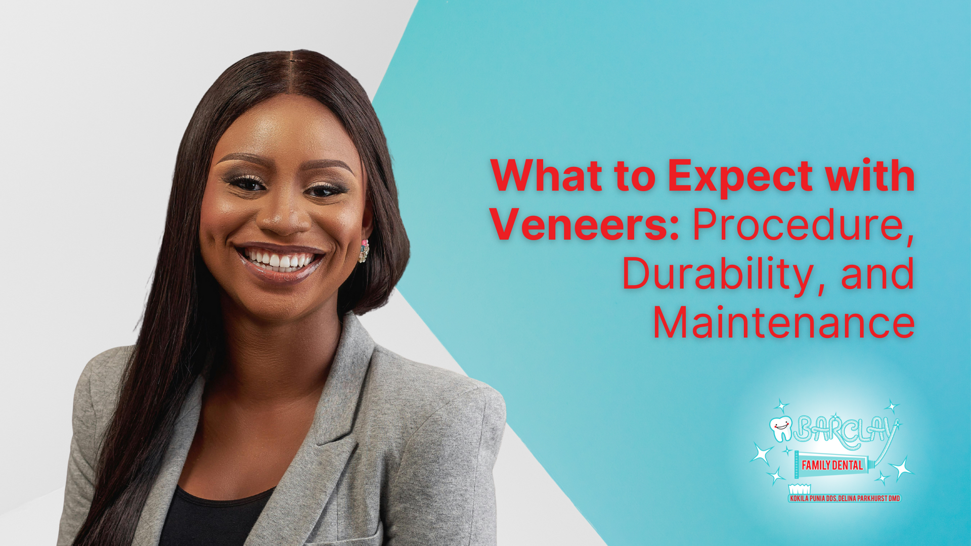 Woman smiling, discussing dental veneers: procedure, durability, and maintenance against a teal backdrop.