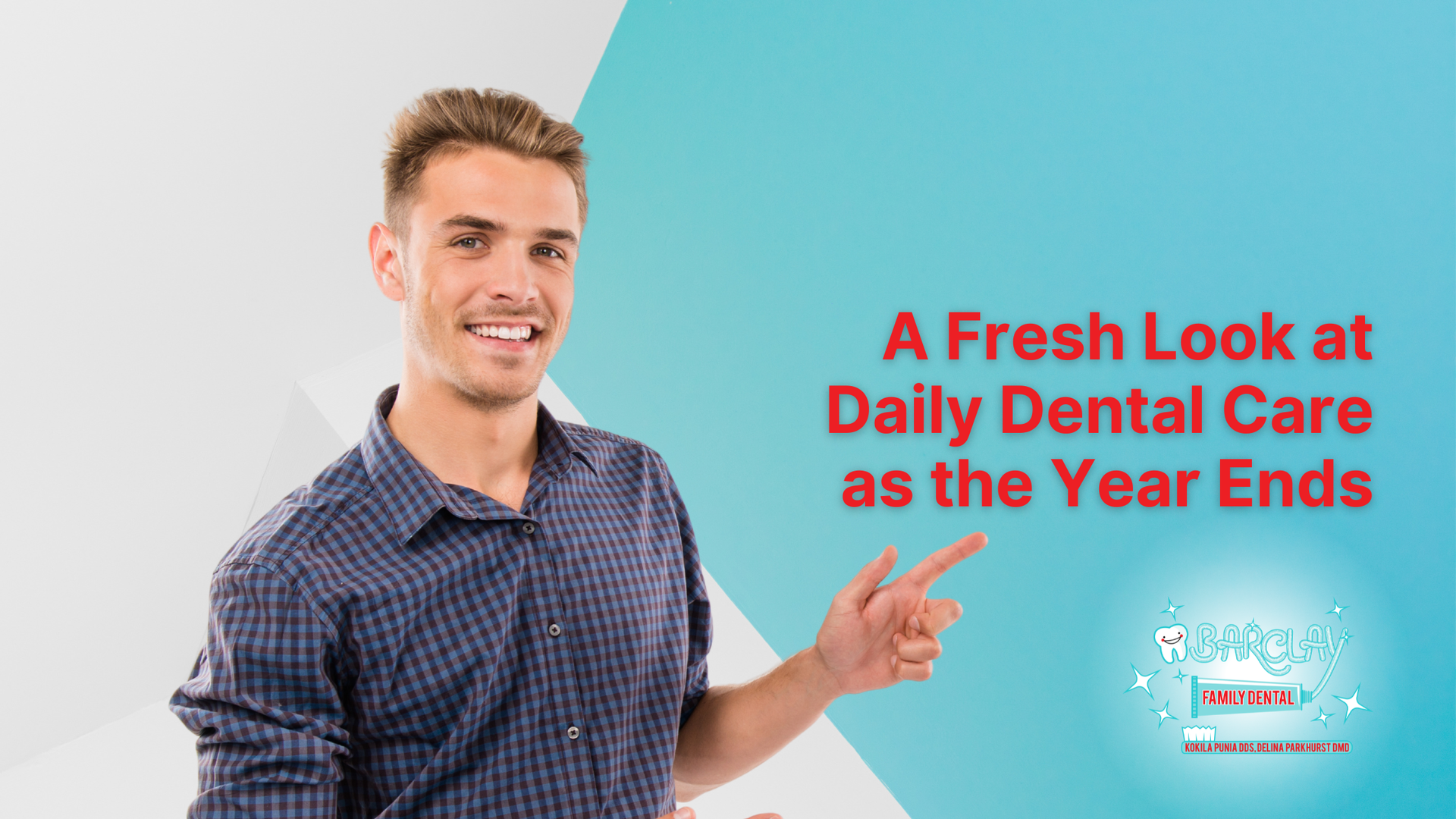 Man pointing at text on a blue background,