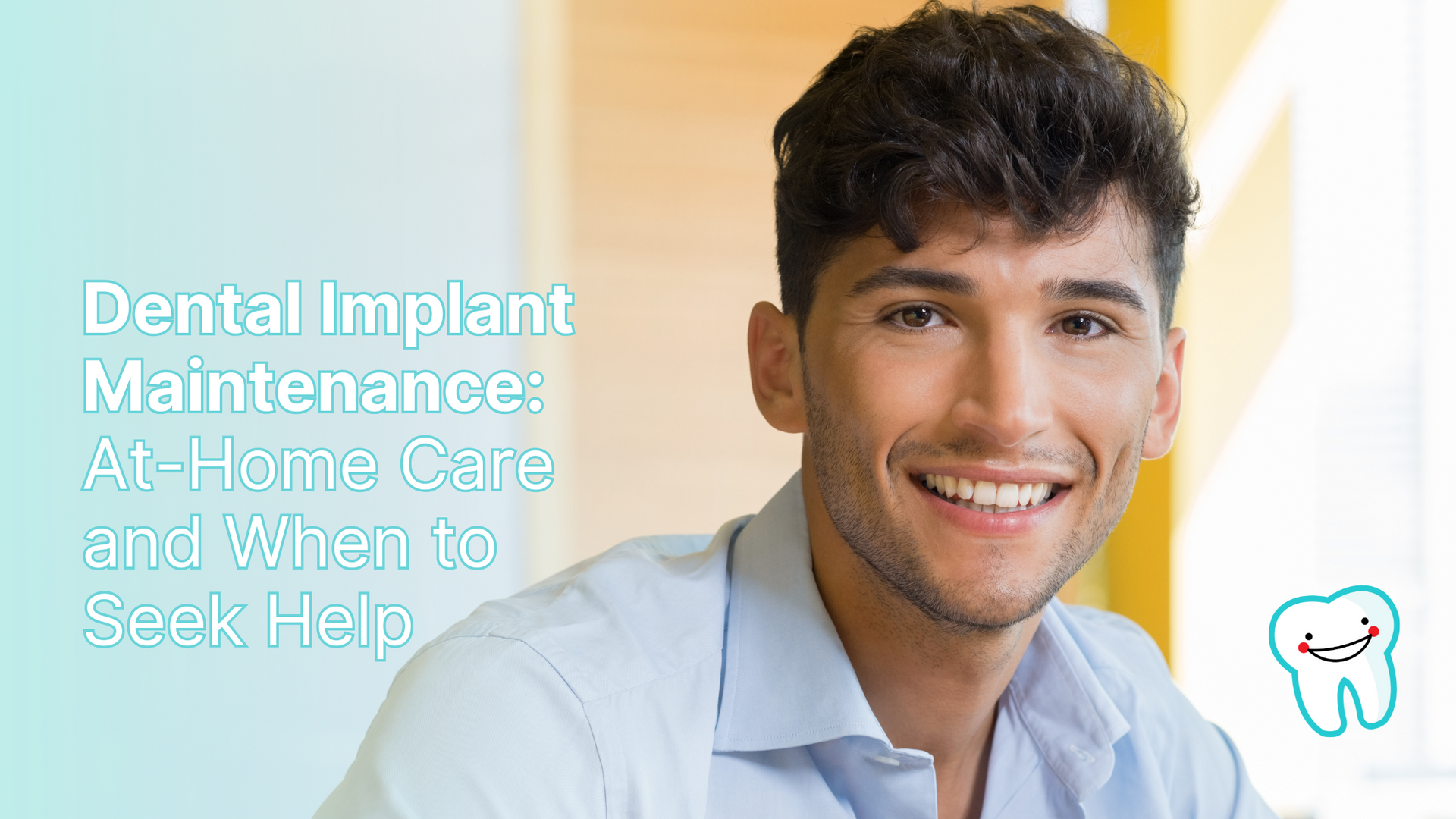 A man is smiling while sitting at a table with a dental implant in his mouth.