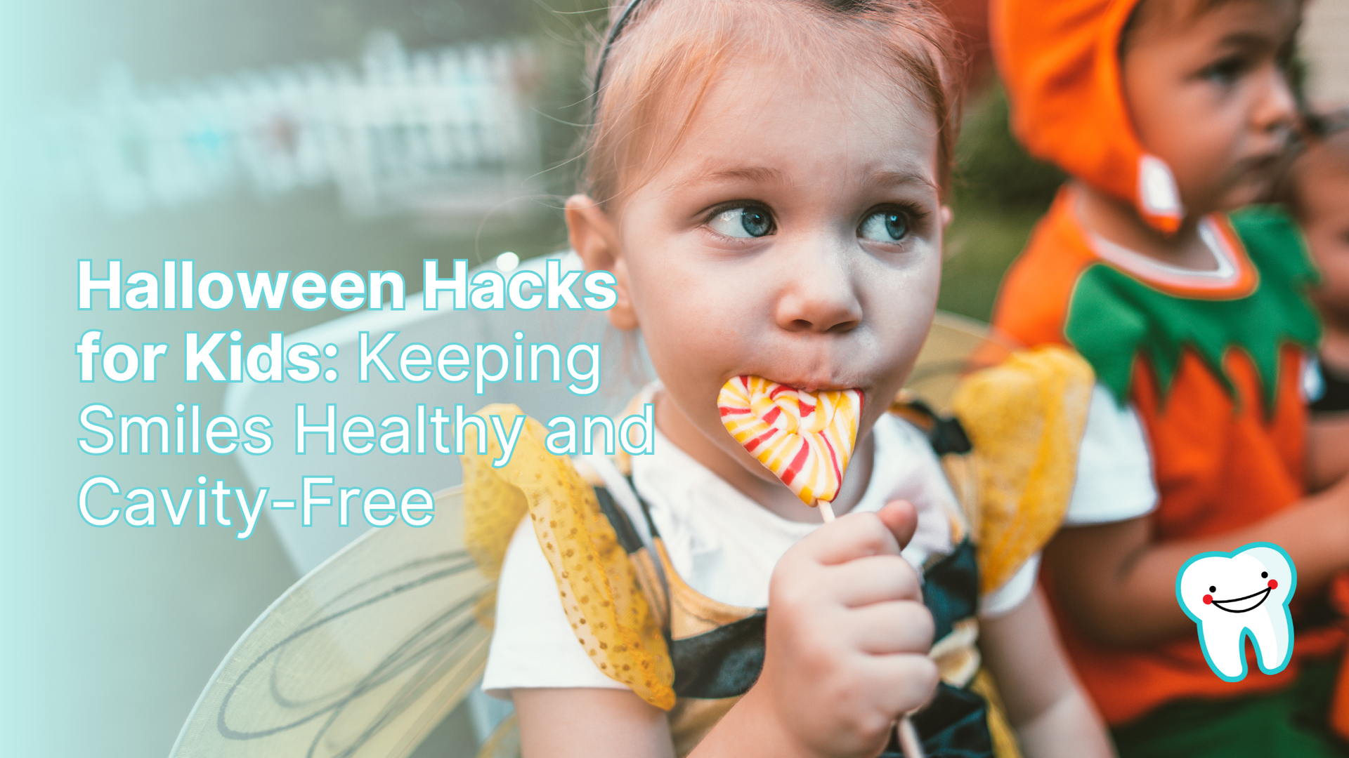 Child in bee costume eating lollipop, with text