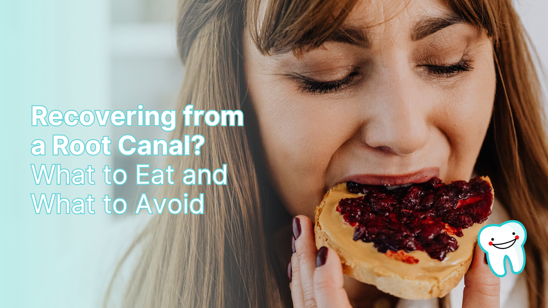 A woman is eating a piece of bread with jam on it.