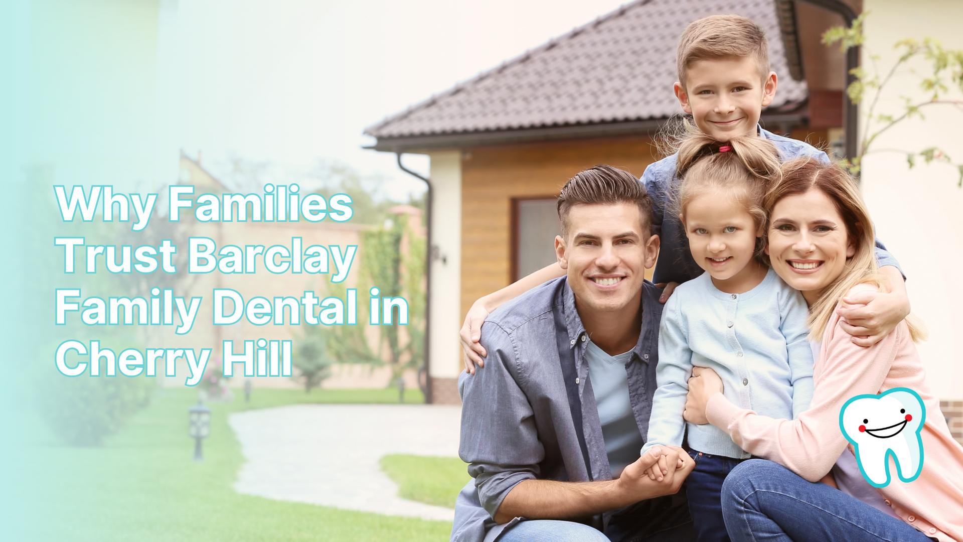 A family is posing for a picture in front of a house.