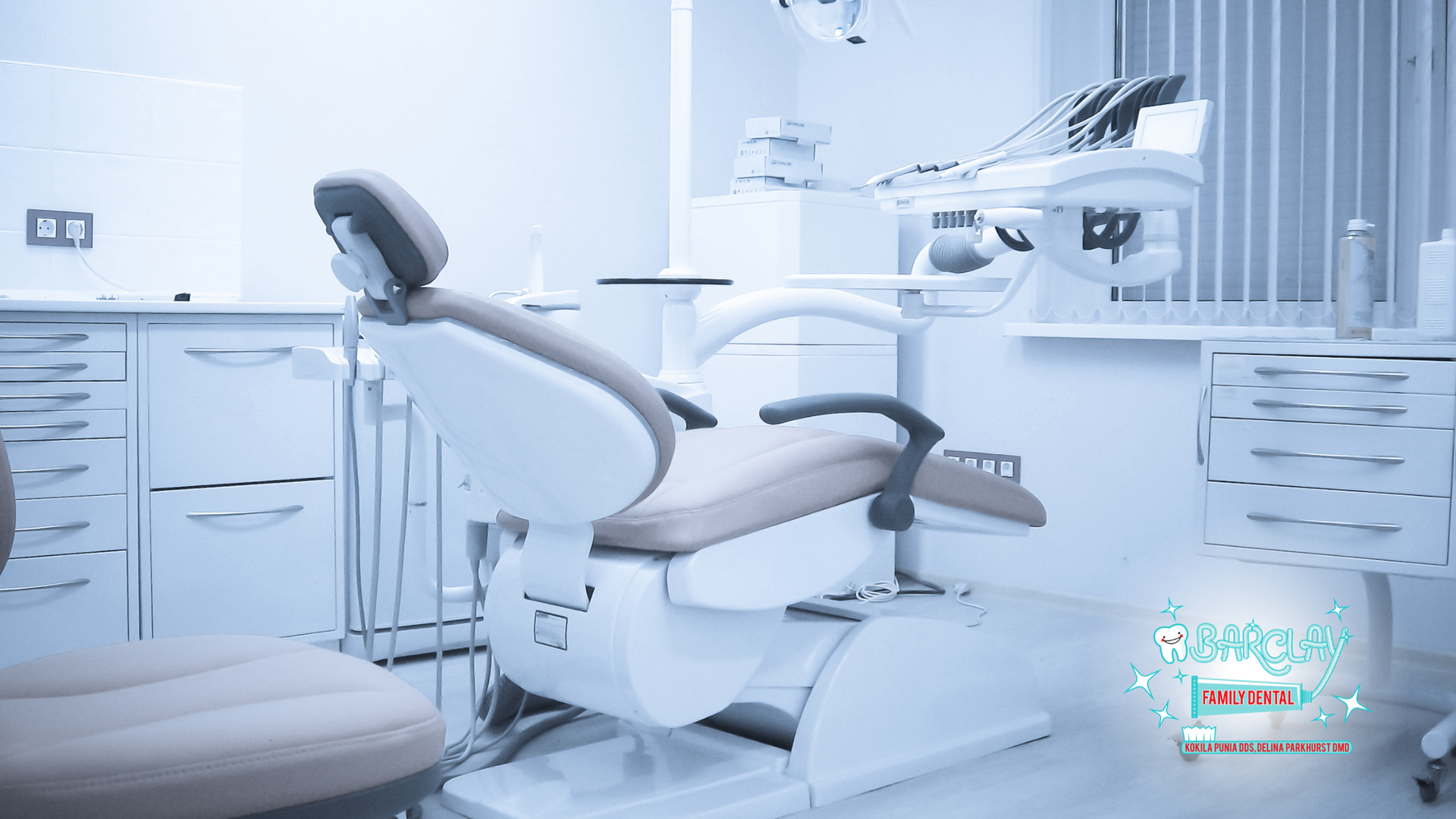 There is a dental chair in the dental office.
