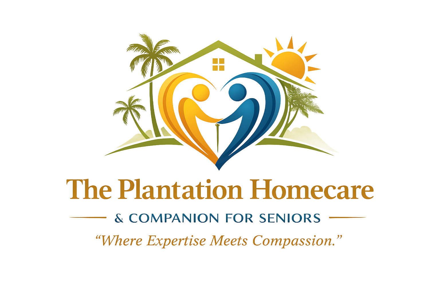 The Plantation Homecare logo with stylized figures, palm trees, sun, and &ldquo;Where Expertise Meets Compassion.&rdquo;