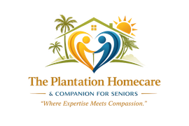 The Plantation Homecare logo with stylized figures, palm trees, sun, and “Where Expertise Meets Compassion.”
