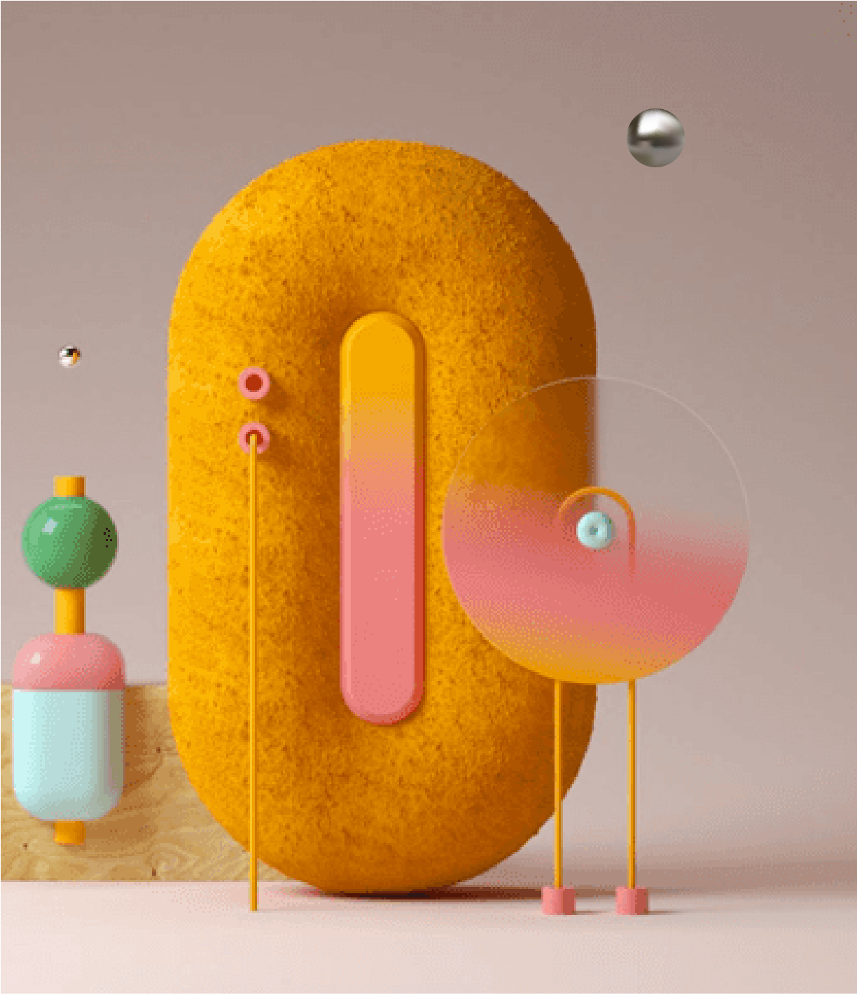 Un rendu 3D d'un nombre 0 entouré d'objets colorés.
