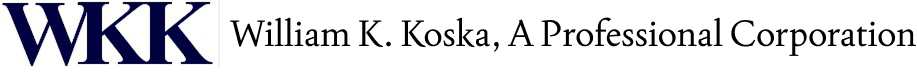 Logo for WKK Law Offices of William K. Koska & Associates, with dark blue initials.