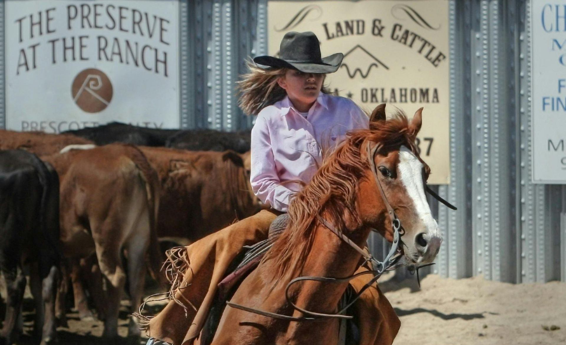 Cowgirl in a pink shirt and hat riding a brown horse, herding cattle near a ranch sign in Oklahoma.