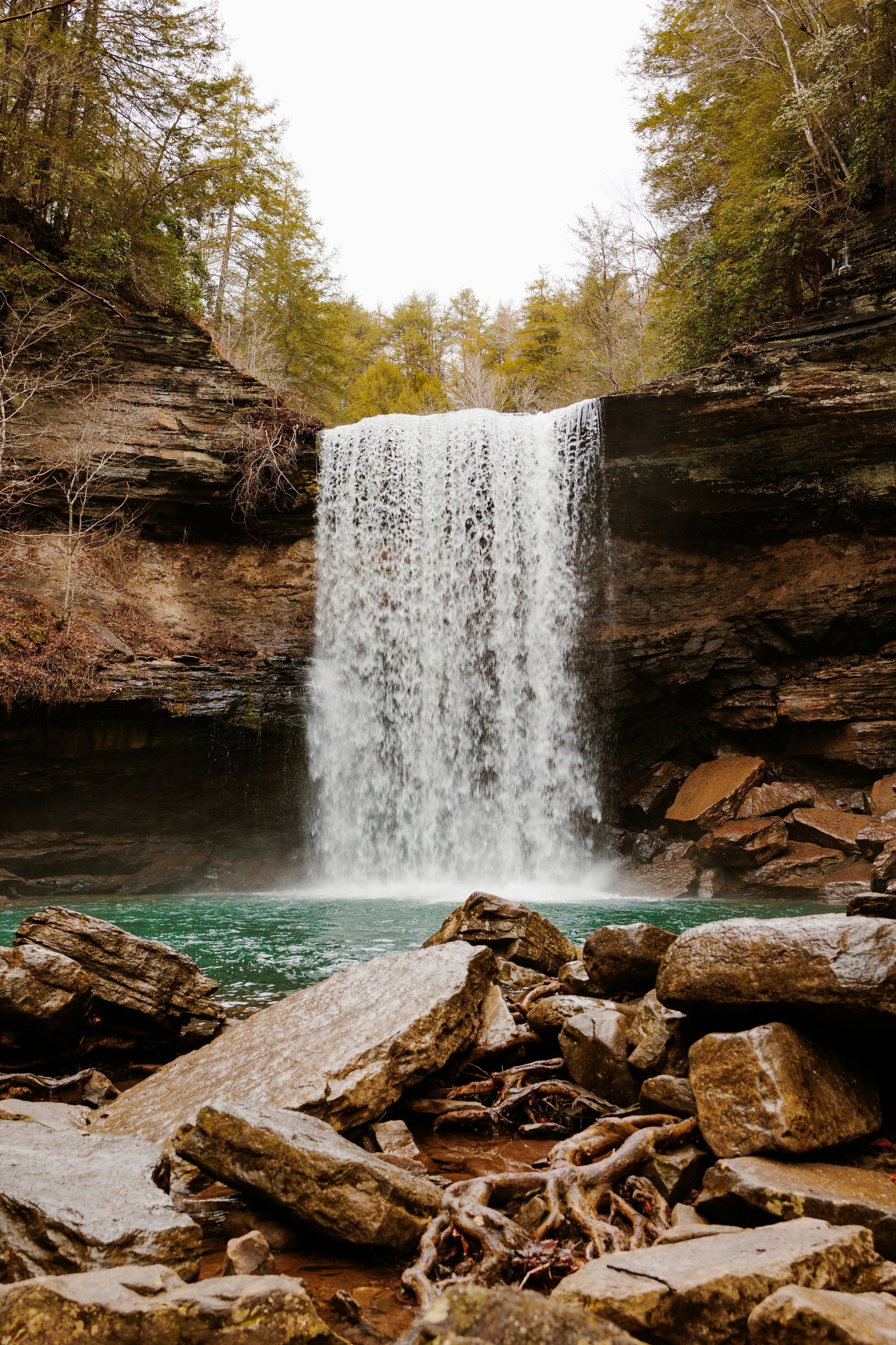Waterfall cascading into a teal pool surrounded by rocks and trees in a forest.