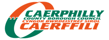 Caerphilly County Borough Council logo in green and orange with Welsh and English text