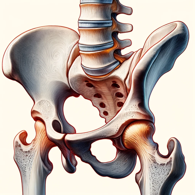 A drawing of a pelvis and spine on a white background