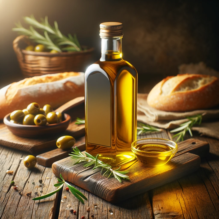 A bottle of olive oil is sitting on a wooden cutting board.