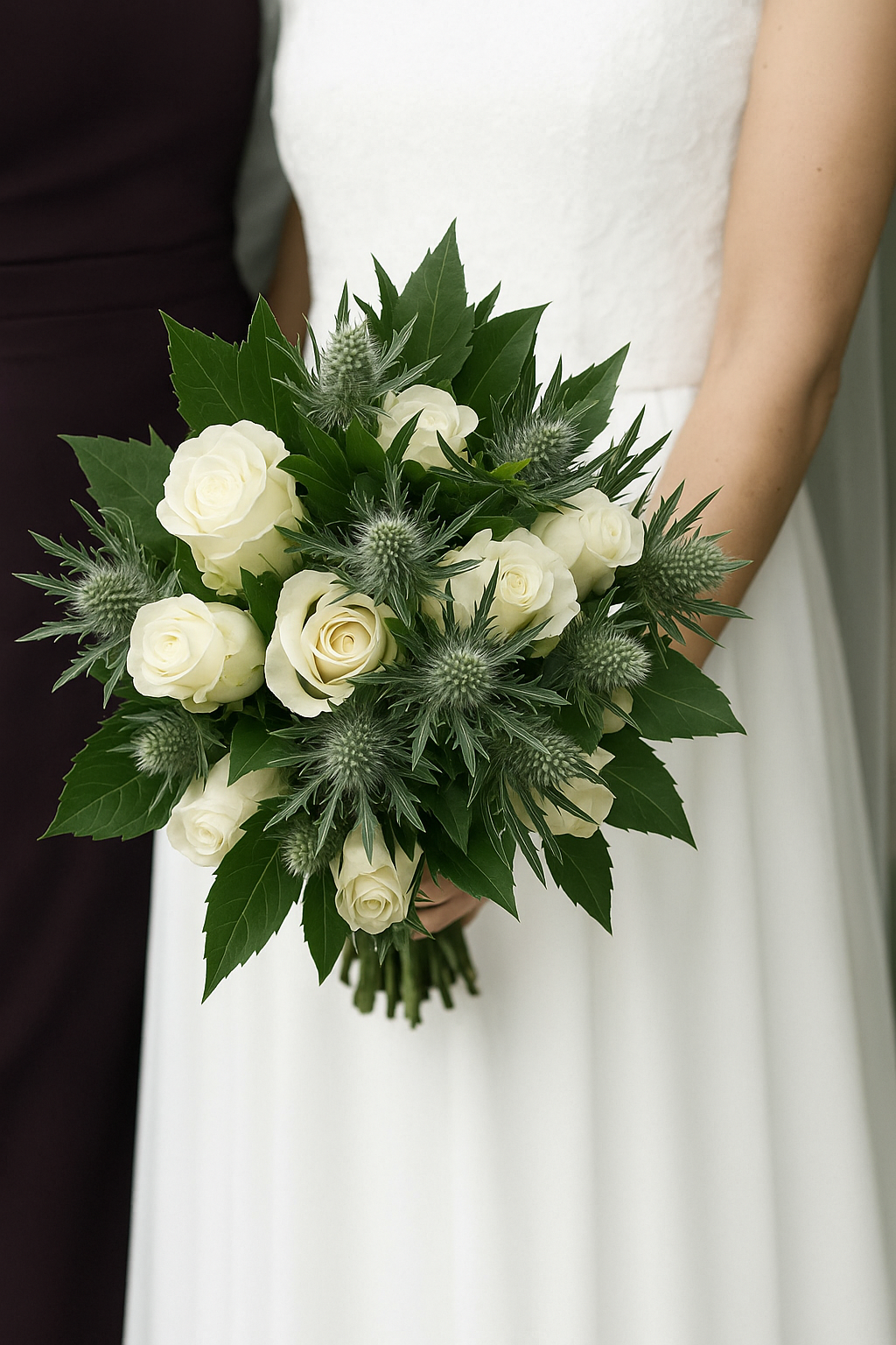 Brud holder en farverig brudebuket med solsikke, rose og lilla hortensia.