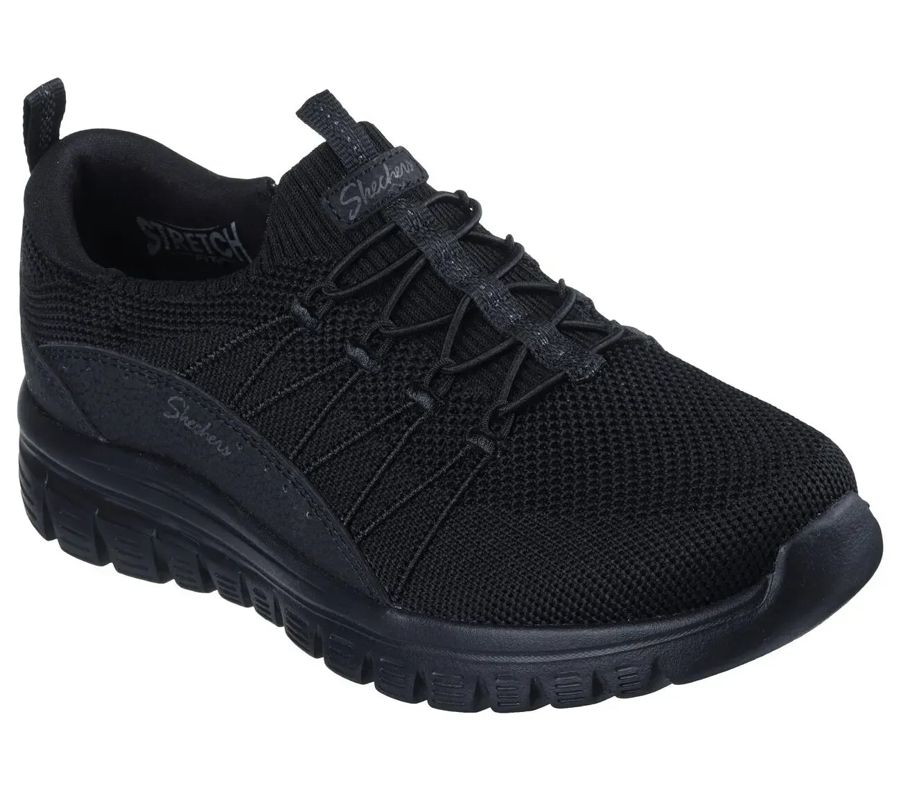 Zapatilla deportiva Skechers negra sin cordones, con cordones elásticos, parte superior de malla y suela negra.